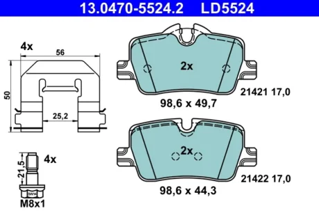 Керамічні гальмівні колодки задн, BMW 2 (G42, G87), 3 (G20, G80, G28), 3 (G21), 3 (G21, G81), 4 (G22, G82), 4 (G23, G83), 4 GRAN COUPE (G26) 1.6-3.0DH 11.18- ATE 13047055242
