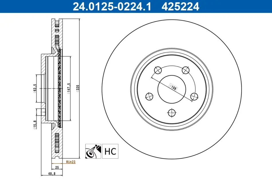Диск гальмівний передн лів/прав FORD TOURNEO CONNECT V408 NADWOZIE WIELKO, TRANSIT CONNECT, TRANSIT CONNECT V408 1.0-1.6D 09.13- ATE 24012502241 (фото 1)