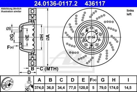 Двочастинний гальмівний диск передн лів BMW 5 (E60), 5 (E61), 6 (E63), 6 (E64) 5.0 09.04-12.10 ATE 24013601172