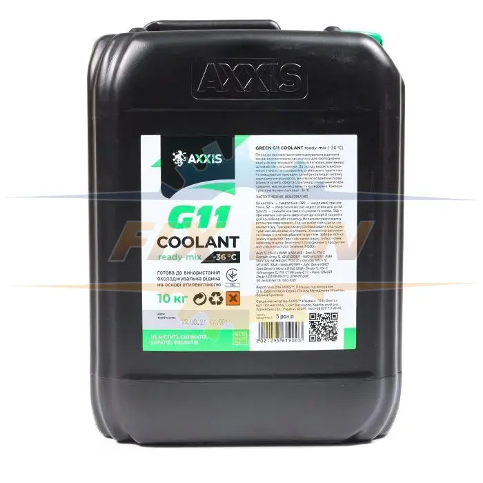 Антифриз G11 Сoolant Ready-Mix -36°C зелений 10л AXXIS AX-P999-G11Gr RDM10 (фото 1)