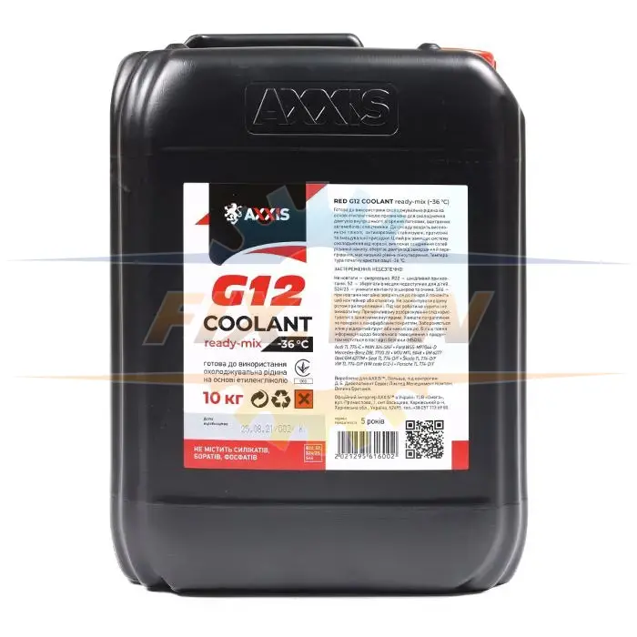 Антифриз G12 Сoolant Ready-Mix -36 ° C червоний 10л AXXIS AX-P999-G12R RDM10 (фото 1)