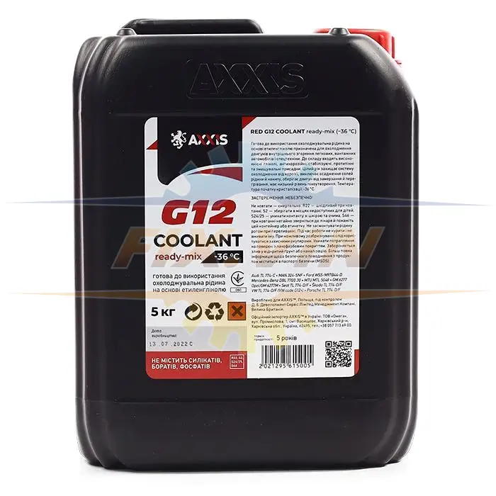 Антифриз G12 Сoolant Ready-Mix -36°C червоний 5л AXXIS AX-P999-G12R RDM5 (фото 1)