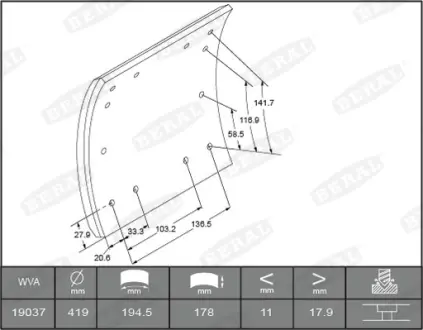 Накладки гальмівні WVA19036 необхідні заклепки: 6,35x14,3 L9 96шт BERAL KBL19036.1-1560