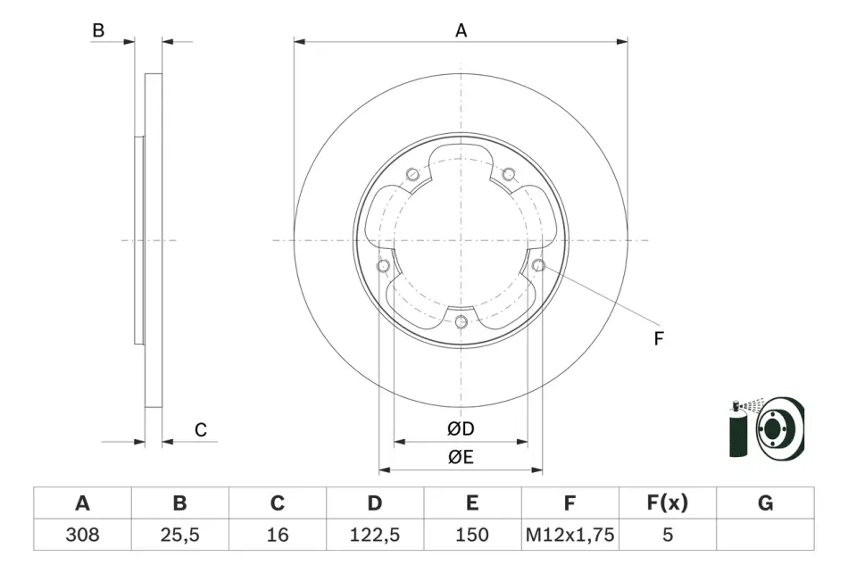 Диск гальмівний FORD Transit \'\'R D=308mm \'\'14>> - кр. 2 шт BOSCH 0986479F44 (фото 1)