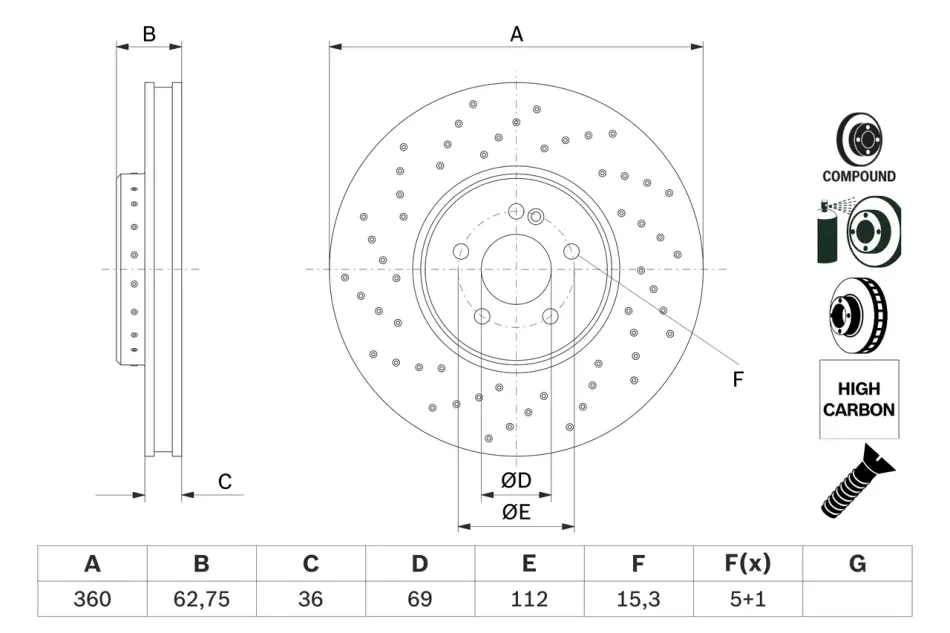 Диск гальмівний MERCEDES C/E/CLS/GLC \'\'F D=360mm\'\'15>> BOSCH 0986479G38 (фото 1)