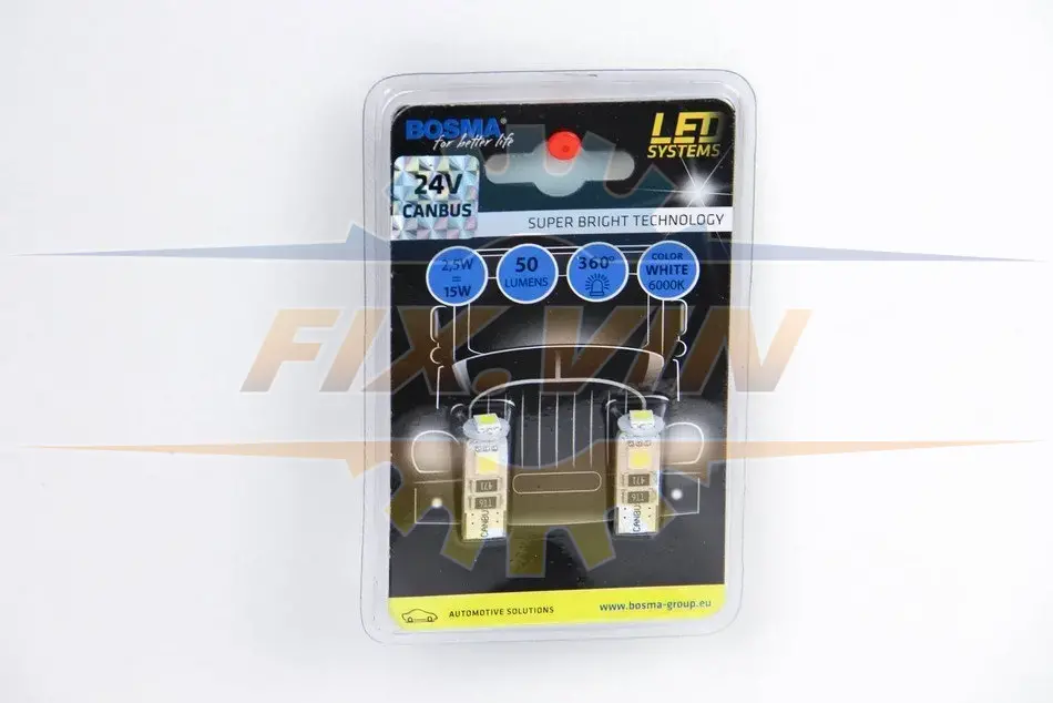 Автолампа T10 LED 24V 3XSMD 5050 LED WHITE DOUBLE POLARITY CANBUS (2 шт) BOSMA 4151 (фото 1)