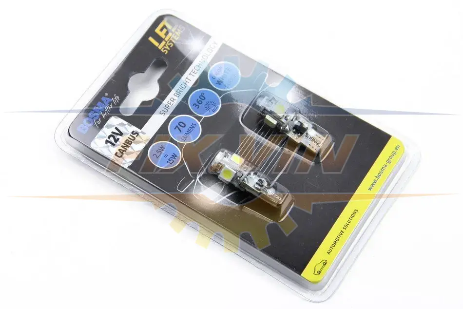 Автолампа T10 LED 12V 5XSMD 5050 LED WHITE DOUBLE POLARITY CANBUS (2 шт) BOSMA 4199 (фото 1)