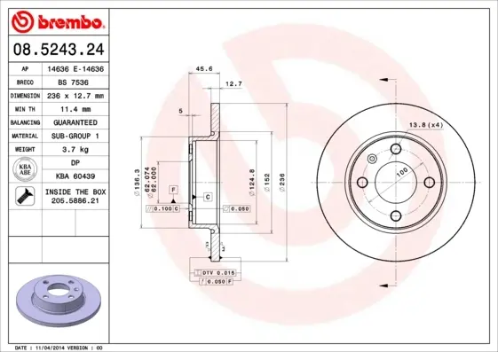 Гальмівний диск BREMBO 08.5243.24 (фото 1)