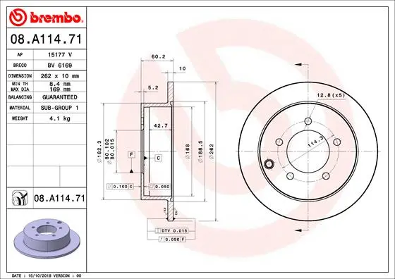 Гальмівний диск зад. Lancer 00- (262x60mm) BREMBO 08.A114.71 (фото 1)