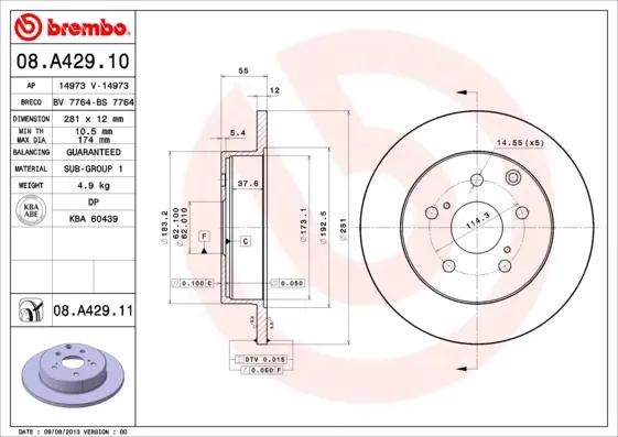 Диск тормозной TOYOTA RAV 4 задн. (пр-во) BREMBO 08.A429.10 (фото 1)