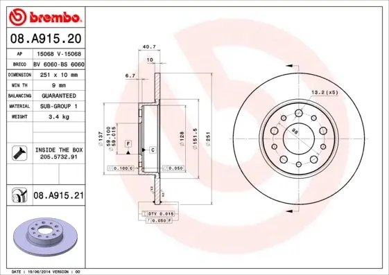 Гальмівний диск BREMBO 08.A915.21 (фото 1)