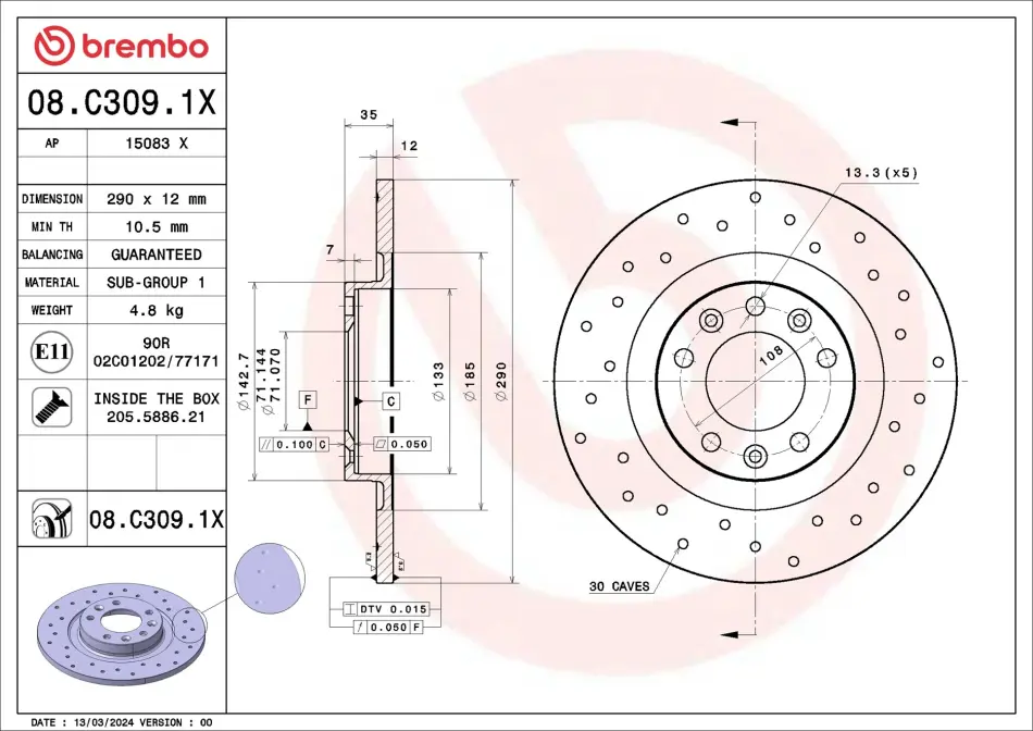 Brembo 08C3091X Гальмівний диск BREMBO 08.C309.1X (фото 1)