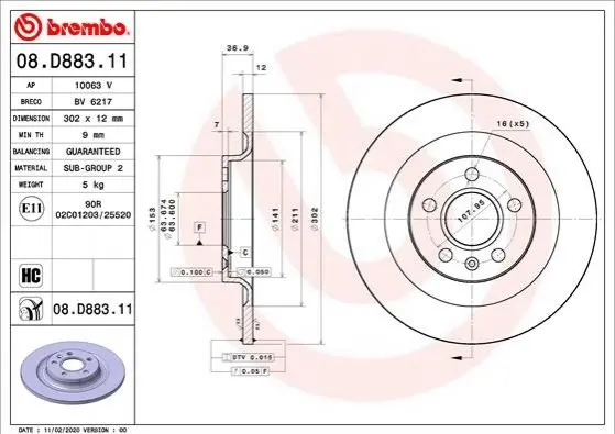 Гальмівний диск BREMBO 08.D883.11 (фото 1)