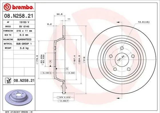 Гальмівний диск задній BREMBO 08.N258.21 (фото 1)