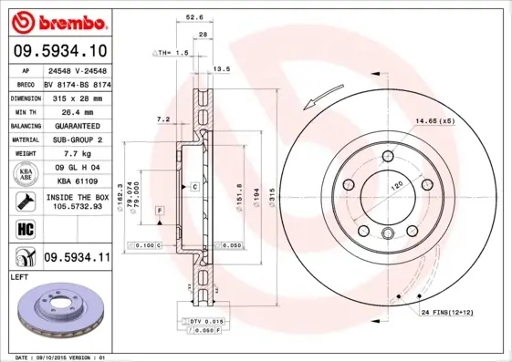 Гальмівний диск BREMBO 09.5934.11 (фото 1)