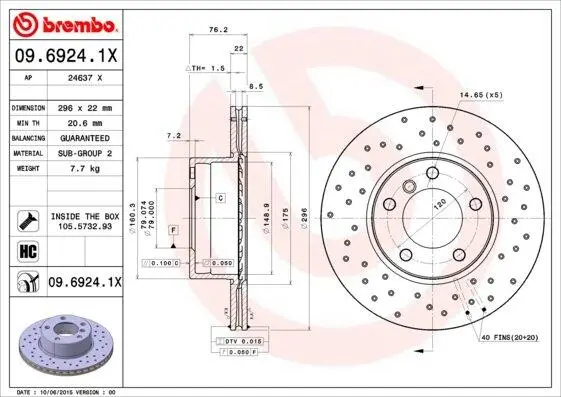 Гальмівний диск пер. Bmw e39 (296х22) BREMBO 09.6924.1X (фото 1)