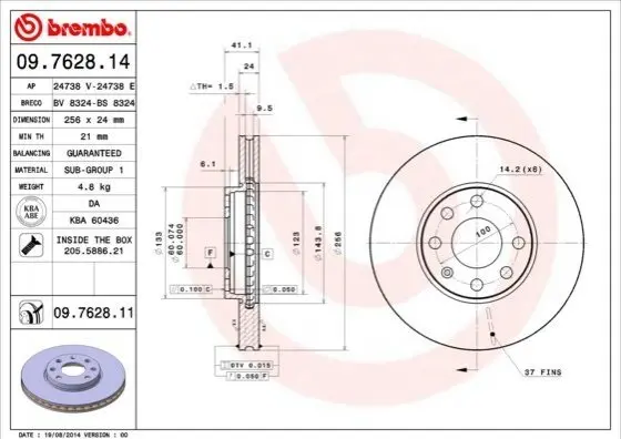 Гальмівний диск вентильований BREMBO 09.7628.14 (фото 1)
