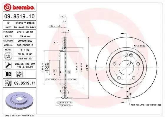 Гальмівний диск пер. W168 97- (276x36mm) BREMBO 09.8519.11 (фото 1)