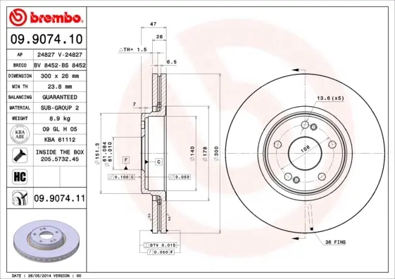 Гальмівний диск пер. Laguna 01- (300x47mm)(1шт/уп) BREMBO 09.9074.11 (фото 1)