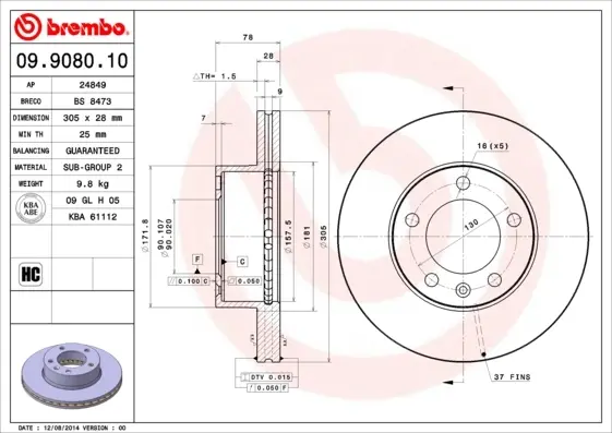 Гальмівний диск BREMBO 09.9080.10 (фото 1)