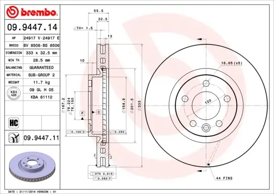 Гальмівний диск BREMBO 09.9447.11 (фото 1)