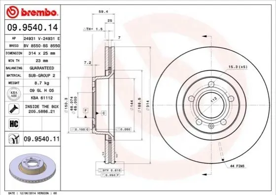 Гальмівний диск BREMBO 09.9540.11 (фото 1)