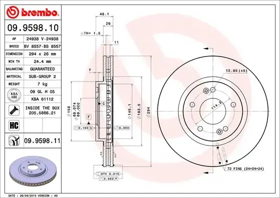 Гальмівний диск BREMBO 09.9598.11 (фото 1)