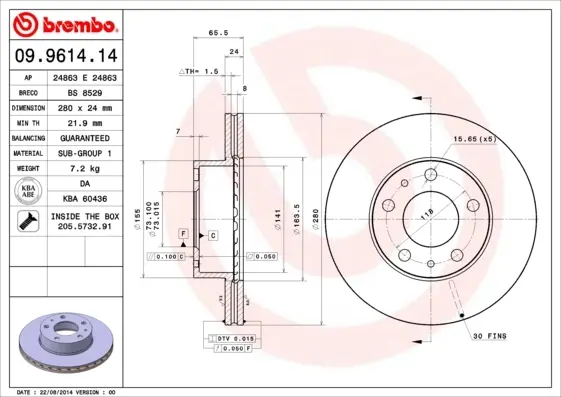 Гальмівний диск пер. Boxer 94- (280x66mm) BREMBO 09.9614.14 (фото 1)