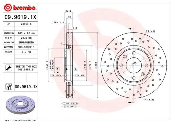 Гальмівний диск BREMBO 09.9619.1X (фото 1)