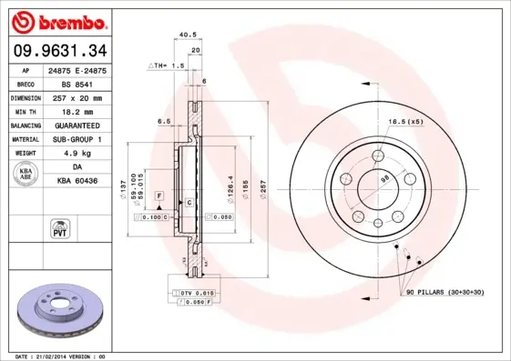 Гальмівний диск пер. Scudo 96- (257x41mm) BREMBO 09.9631.34 (фото 1)