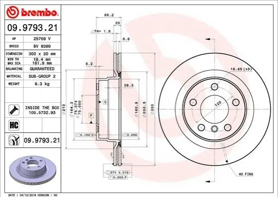 Гальмівний диск BREMBO 09.9793.21 (фото 1)