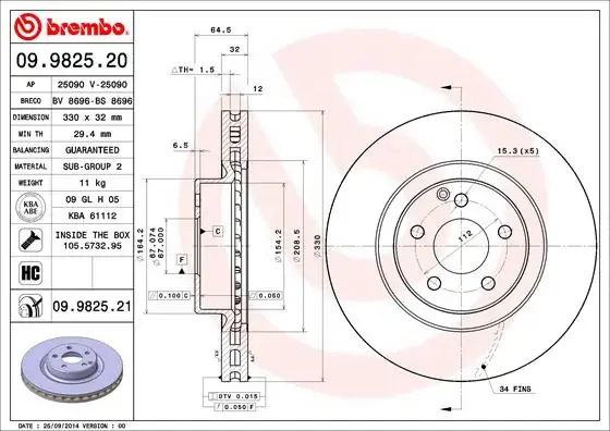 Гальмівний диск вентильований BREMBO 09.9825.21 (фото 1)
