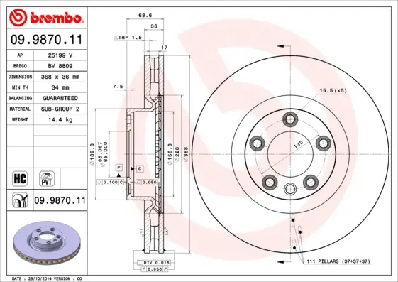 Гальмівний диск вентильований BREMBO 09.9870.11 (фото 1)