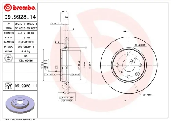 Гальмівний диск BREMBO 09.9928.14 (фото 1)