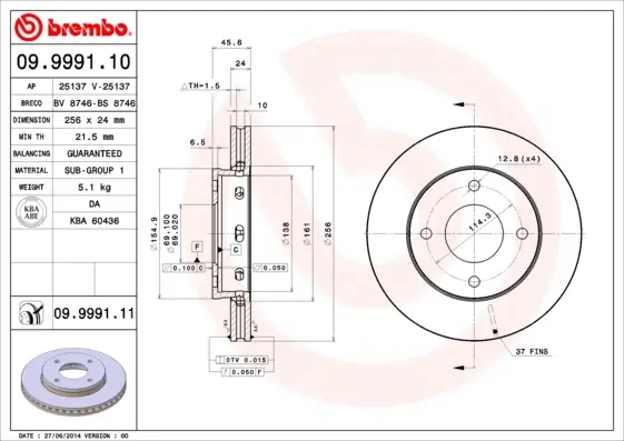 Гальмівний диск BREMBO 09.9991.11 (фото 1)