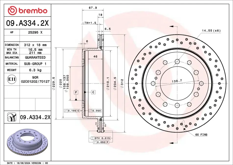 Brembo 09A3342X Гальмівний диск BREMBO 09.A334.2X (фото 1)