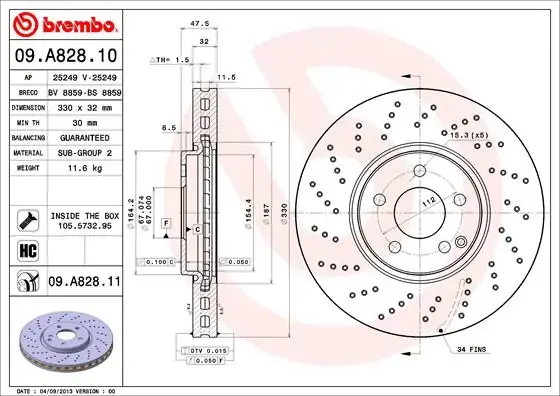 Диск гальмівний BREMBO 09.A828.11 (фото 1)