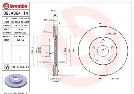 Гальмівний диск вентильований BREMBO 09.A864.14 (фото 1)