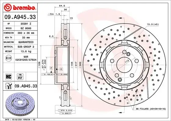Гальмівний диск BREMBO 09A94533 (фото 1)