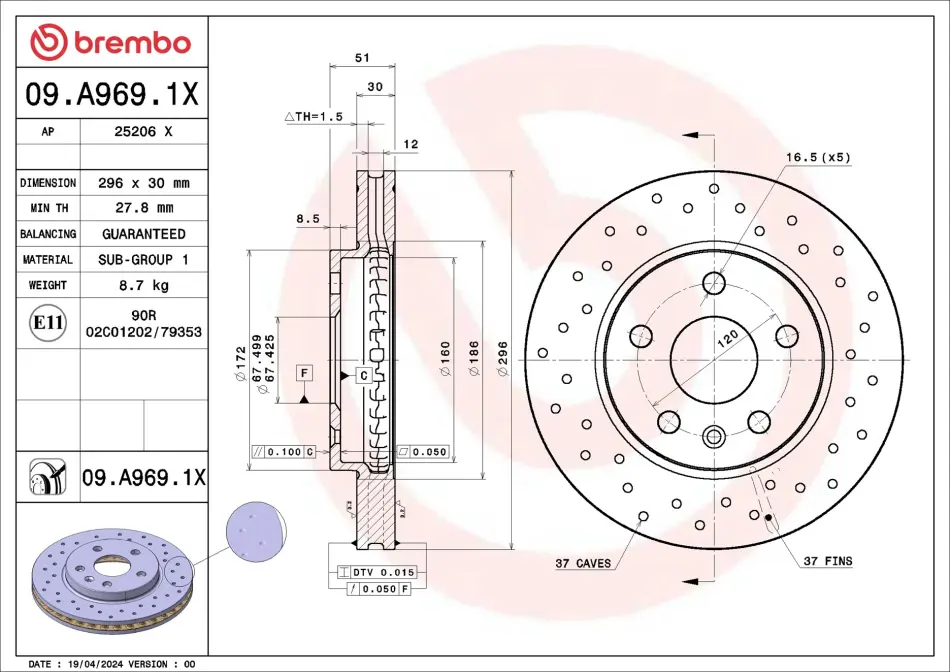 Brembo 09A9691X Гальмівний диск BREMBO 09.A969.1X (фото 1)