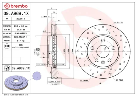 Brembo 09A9691X Гальмівний диск BREMBO 09.A969.1X