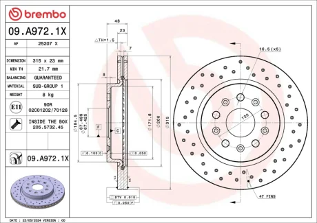Brembo 09A9721X Гальмівний диск BREMBO 09.A972.1X