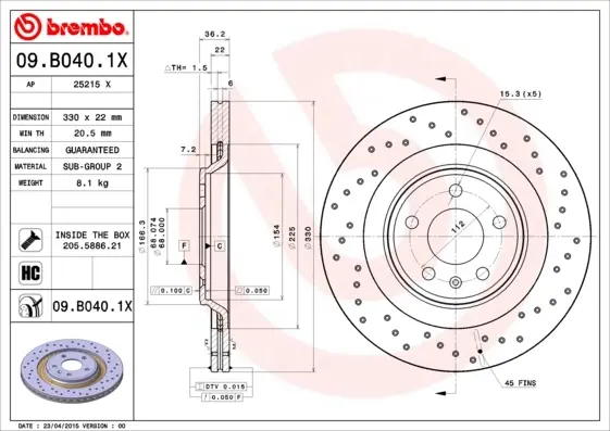 Гальмівний диск BREMBO 09.B040.1X (фото 1)