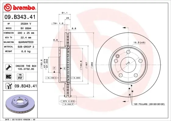 Гальмівний диск BREMBO 09.B343.41 (фото 1)