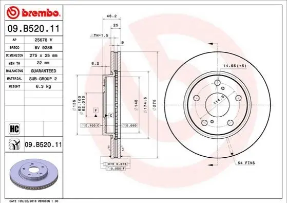 Гальмівний диск передній BREMBO 09.B520.11 (фото 1)