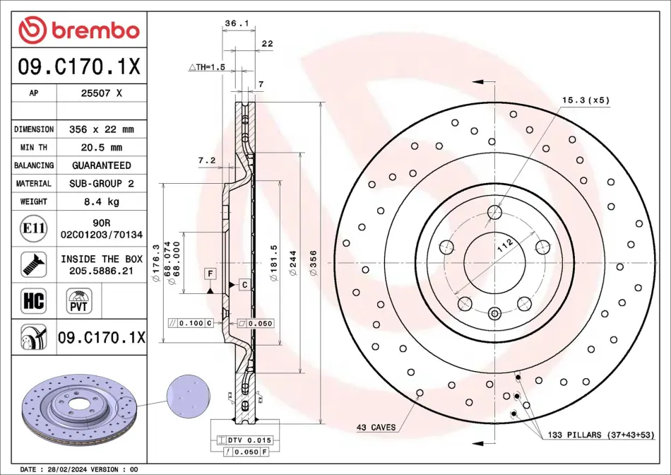Brembo 09C1701X Гальмівний диск BREMBO 09.C170.1X (фото 1)