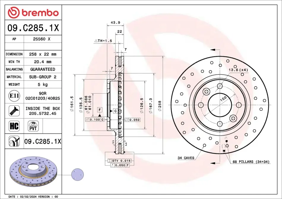 Brembo 09C2851X Гальмівний диск BREMBO 09.C285.1X (фото 1)