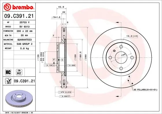 Гальмівний диск BREMBO 09C39121 (фото 1)