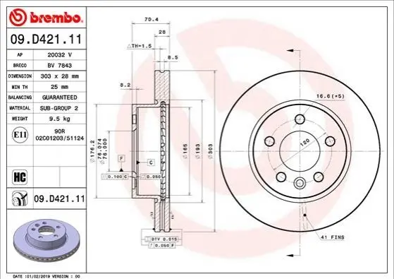 Гальмівний диск BREMBO 09.D421.11 (фото 1)