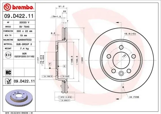 Гальмівний диск BREMBO 09.D422.11 (фото 1)
